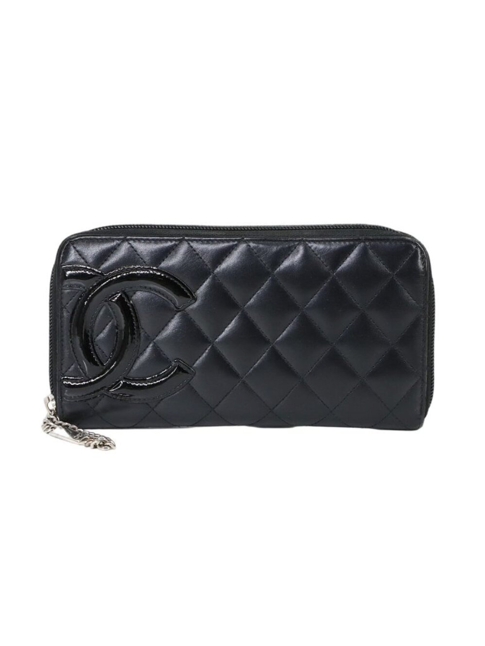 Chanel Cambon Line Zip Around Wallet Leather Enamel Black Silver